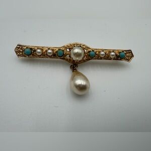 Antique bar pin brooch with pearls and turquoise gemstones